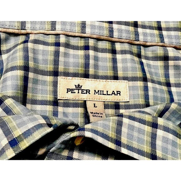 Peter Millar Shirt Men Size Large Button Down Long Sleeve Blue Yellow Plaid - Picture 3 of 3